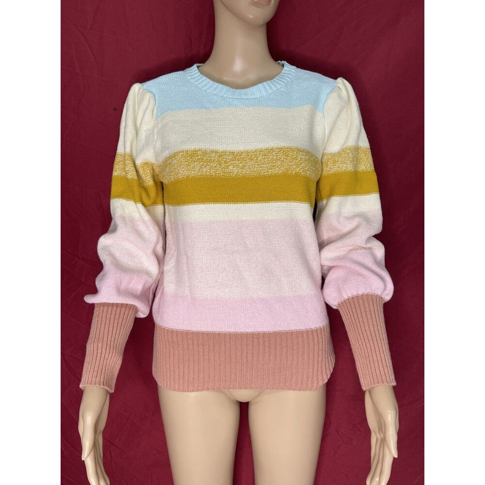 Nine West Pastel Striped Retro Sweet Puffed Sleeve Sweater Medium NWOT